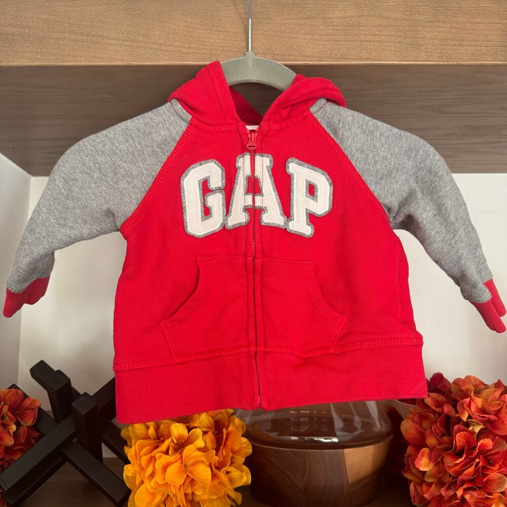 babyGap Embroidered Zip Down Hoodie in Red/Grey